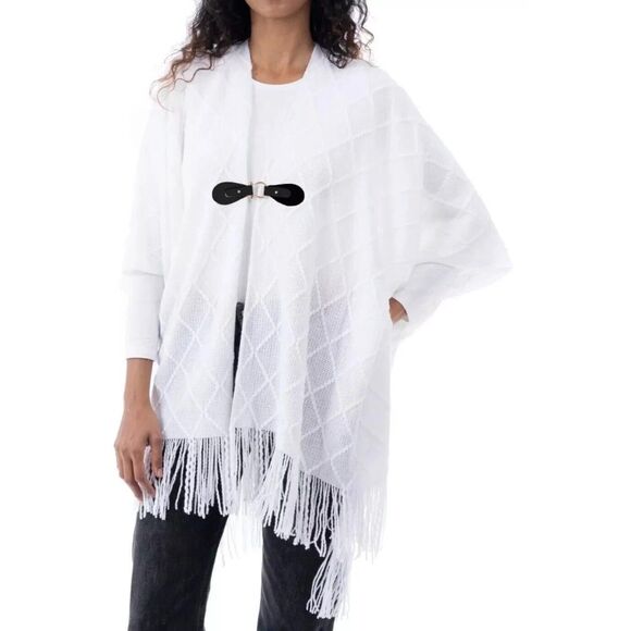 Style & Co Sweaters - Style & Co Women's Fringe-Trim Toggle-Buckle Ivory Poncho Wrap Sweater ONE SIZE